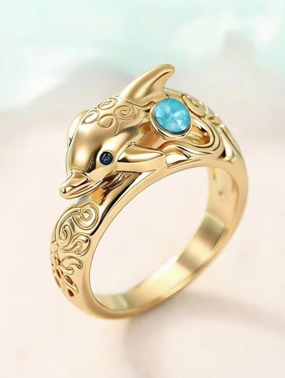 Gold Dolphin Blue Crystal Ring - Women's Jewelry Size 7 New